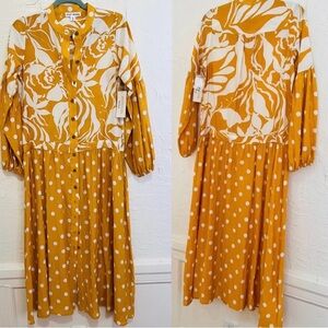 Yellow and White Polka Dot Button Front Drop Waist Maxi Dress No Belt XS NWT